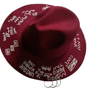 Burgundy Fedora Graffiti Wide Brim Silver O-Rings Fedora Hat NEW